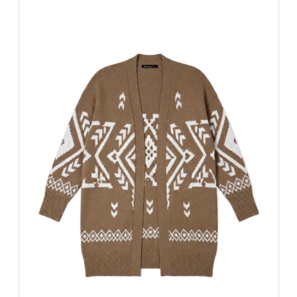 Ruby Moon Women Tan White Geometric Pattern Long Open Front Cardigan Sweater XS - Picture 2 of 9